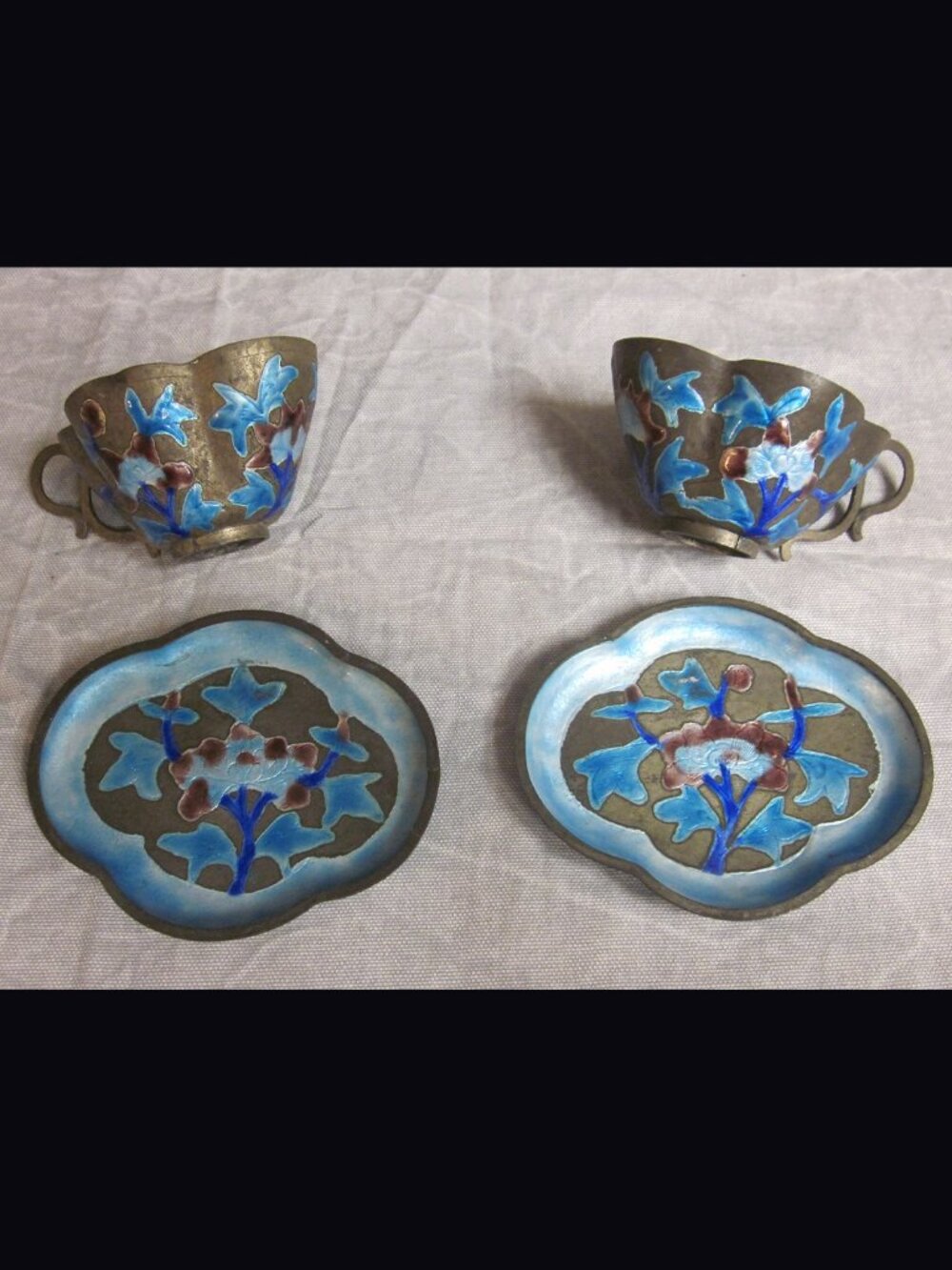 Chinese Antique Export Set of 2 (two)Copper Metal Enamel Floral Tea Cup & Saucer